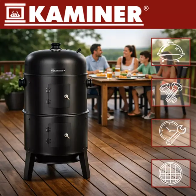 Kaminer Zwarte BBQ  houtskool grill smoker 80 cm met 2 roosters en 8 haken voor barbecu