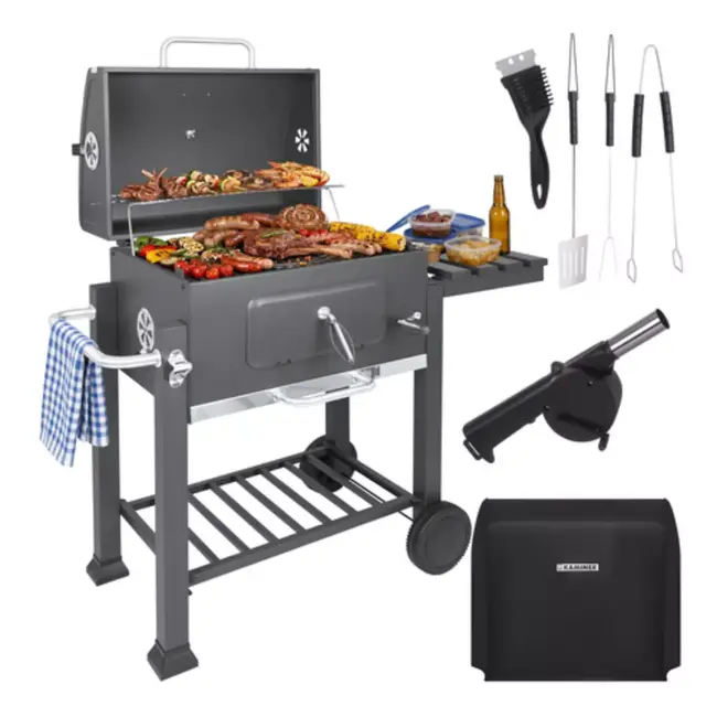 Kaminer Zwarte houtskool barbecue 116 x 70 x 110 cm met thermometer en zijtafel