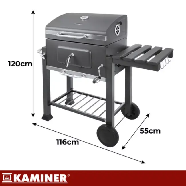 Kaminer Zwarte houtskool barbecue 116 x 70 x 110 cm met thermometer en zijtafel