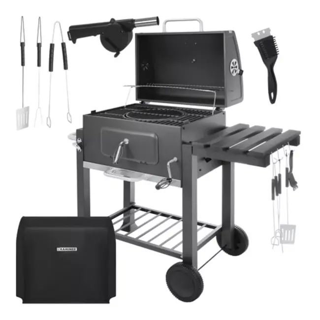 Kaminer Zwarte houtskool barbecue 116 x 70 x 110 cm met thermometer en zijtafel