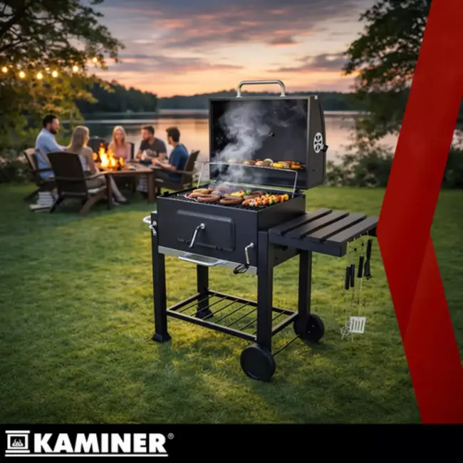 Kaminer Zwarte houtskool barbecue 116 x 70 x 110 cm met thermometer en zijtafel