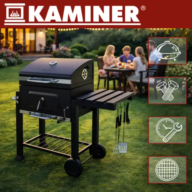 Kaminer Zwarte houtskool barbecue 116 x 70 x 110 cm met thermometer en zijtafel
