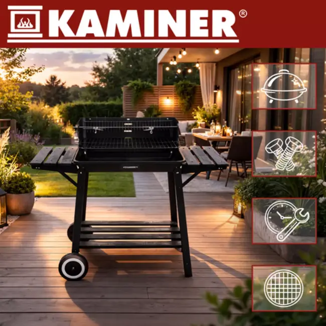 Kaminer Zwarte houtskool barbecue 93 x 41 x 86 cm met spit en rooster