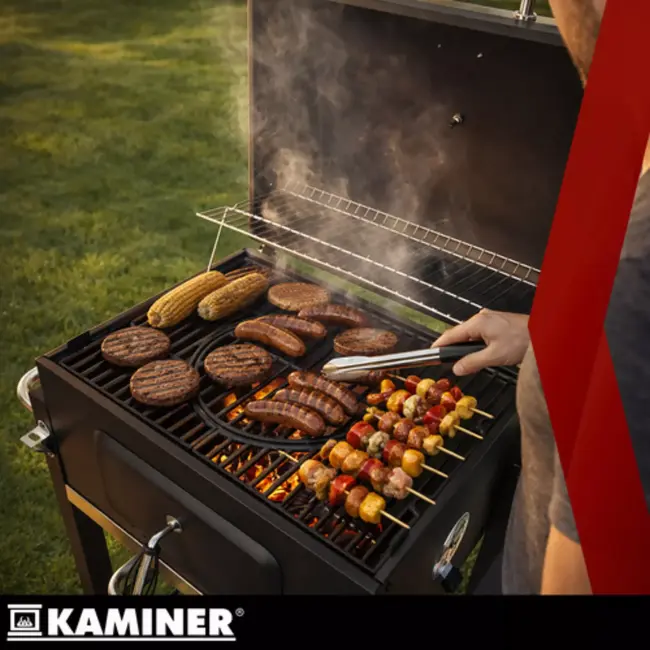 Kaminer Zwarte houtskool barbecue 114 x 67 x 120 cm met thermometer en zijtafel