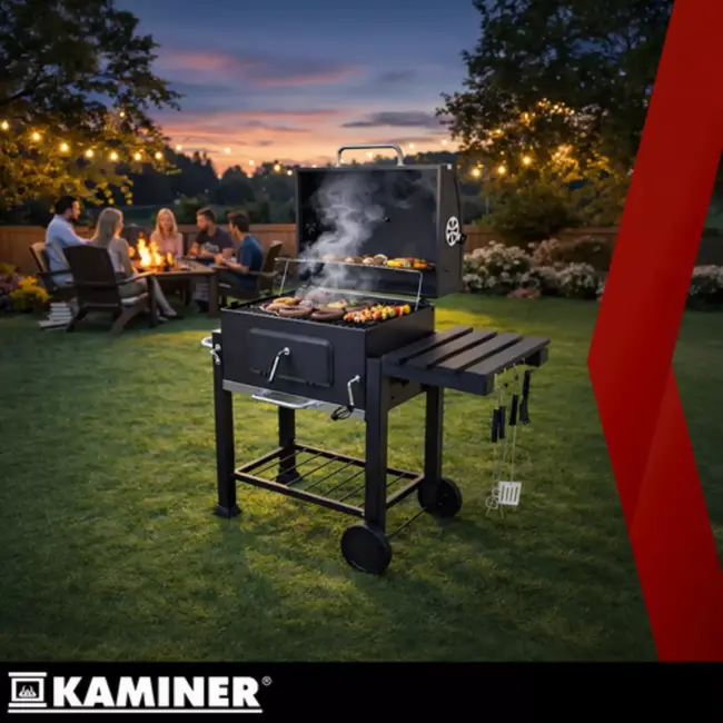 Kaminer Zwarte houtskool barbecue 114 x 67 x 120 cm met thermometer en zijtafel