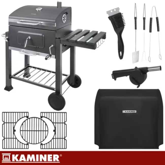 Kaminer Zwarte houtskool barbecue 114 x 67 x 120 cm met thermometer en zijtafel