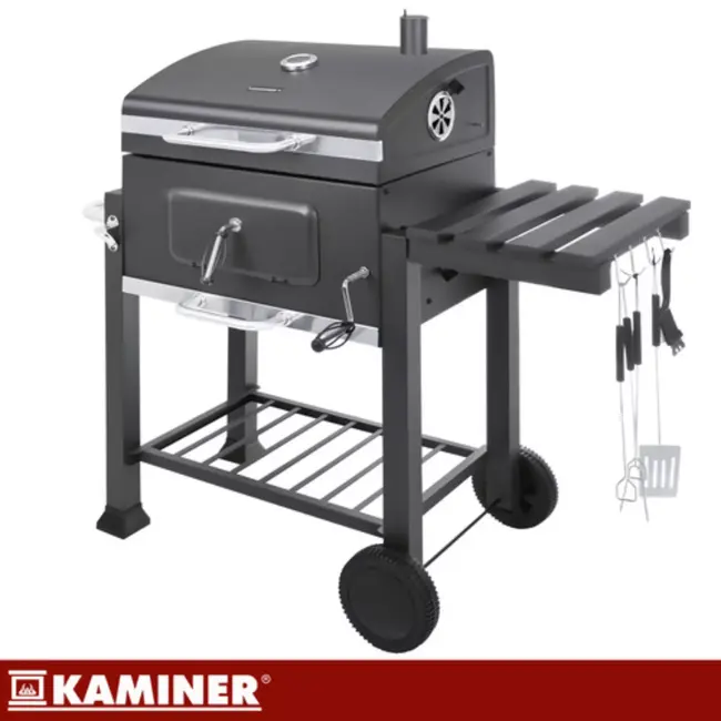 Kaminer Zwarte houtskool barbecue 114 x 67 x 120 cm met thermometer en zijtafel