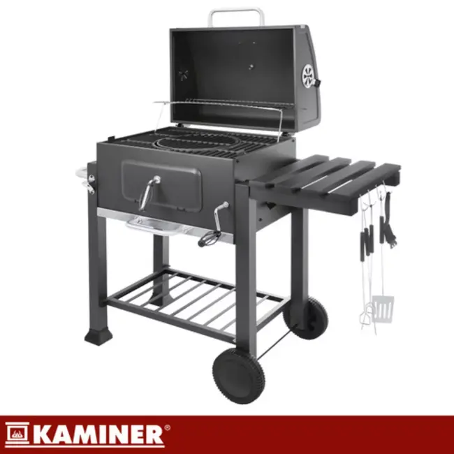 Kaminer Zwarte houtskool barbecue 114 x 67 x 120 cm met thermometer en zijtafel