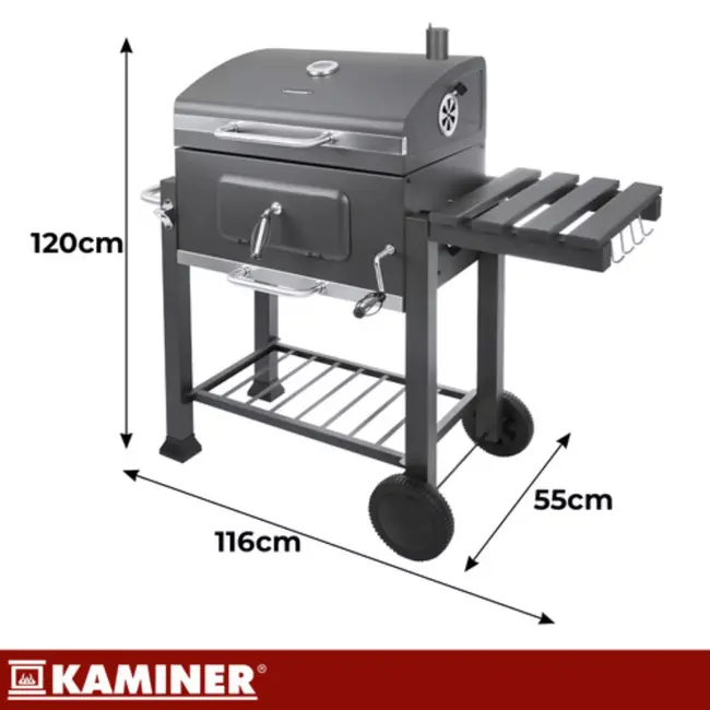 Kaminer Zwarte houtskool barbecue 114 x 67 x 120 cm met thermometer en zijtafel