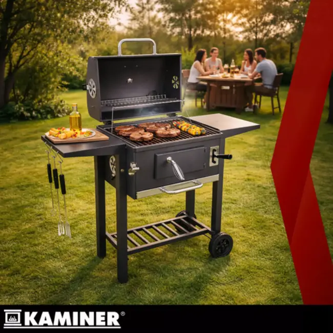 Kaminer Zwarte houtskool barbecue 82 x 51 x 117 cm met deksel en accessoires