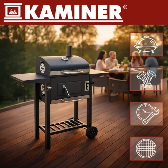 Kaminer Zwarte houtskool barbecue 82 x 51 x 117 cm met deksel en accessoires