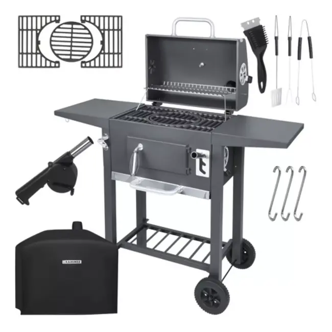 Kaminer Zwarte houtskool barbecue 82 x 51 x 117 cm met deksel en accessoires