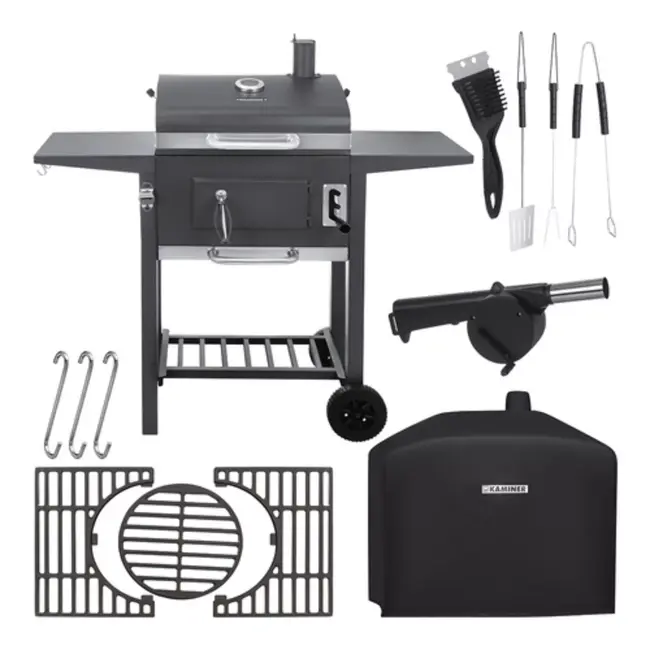 Kaminer Zwarte houtskool barbecue 82 x 51 x 117 cm met deksel en accessoires