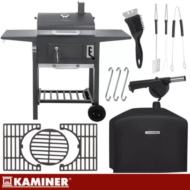 Kaminer Zwarte houtskool barbecue 82 x 51 x 117 cm met deksel en accessoires