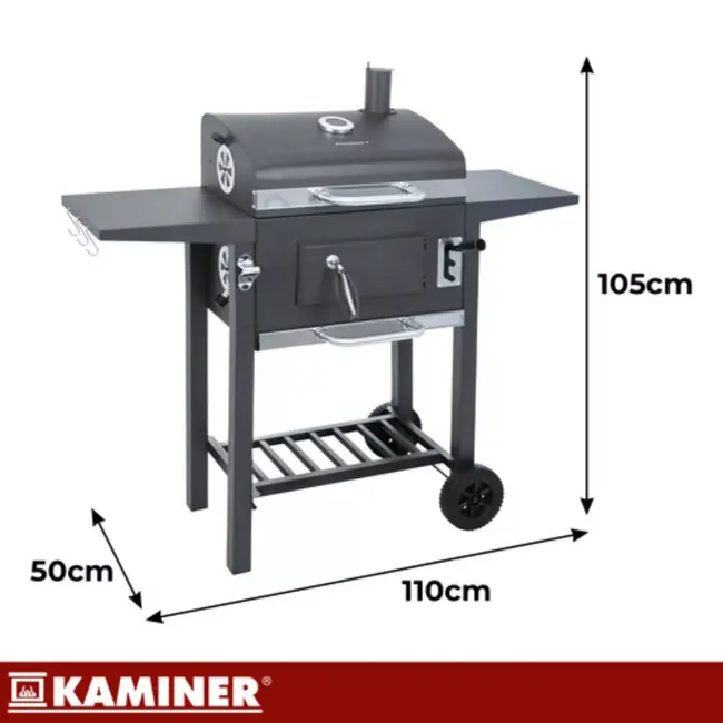 Kaminer Zwarte houtskool barbecue 105 x 110 x 50 cm met thermometer en zijplanken