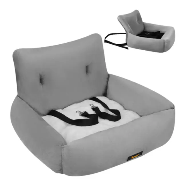 Purlov Auto zitje voor hond met gordelbevestiging en kussen - Grijs -  maat L