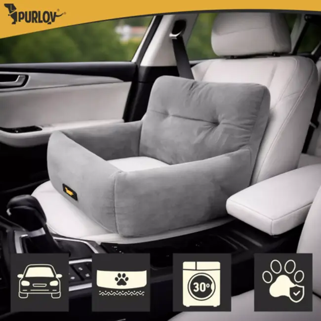 Purlov Auto zitje voor hond met gordelbevestiging en kussen - Grijs -  maat L