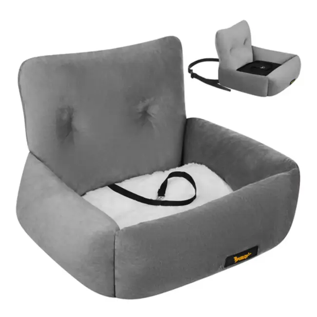 Purlov Autostoel hond 44 x 35 x 30 cm grijs met riem en kussen voor veilig vervoer kleine dieren