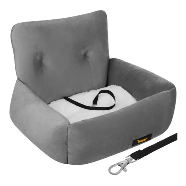 Purlov Autostoel hond 44 x 35 x 30 cm grijs met riem en kussen voor veilig vervoer kleine dieren