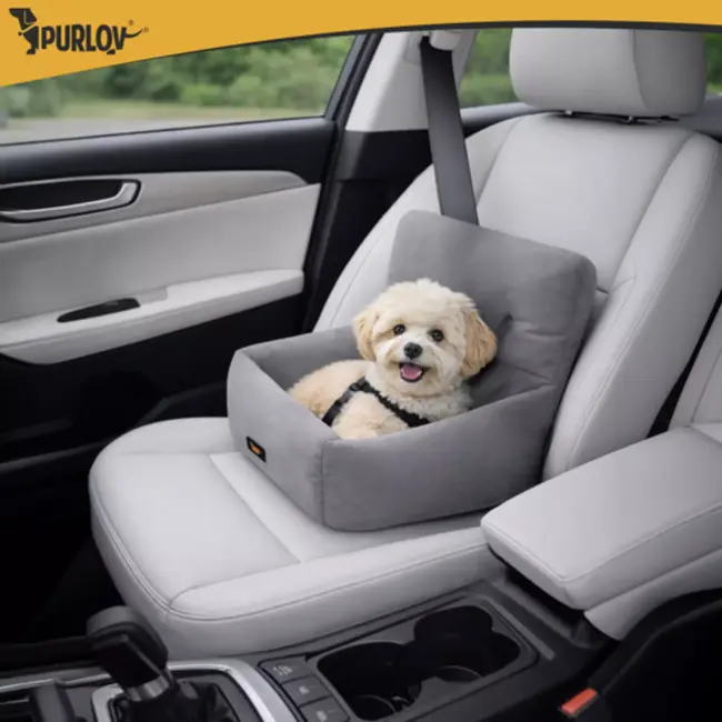 Purlov Autostoel hond 44 x 35 x 30 cm grijs met riem en kussen voor veilig vervoer kleine dieren