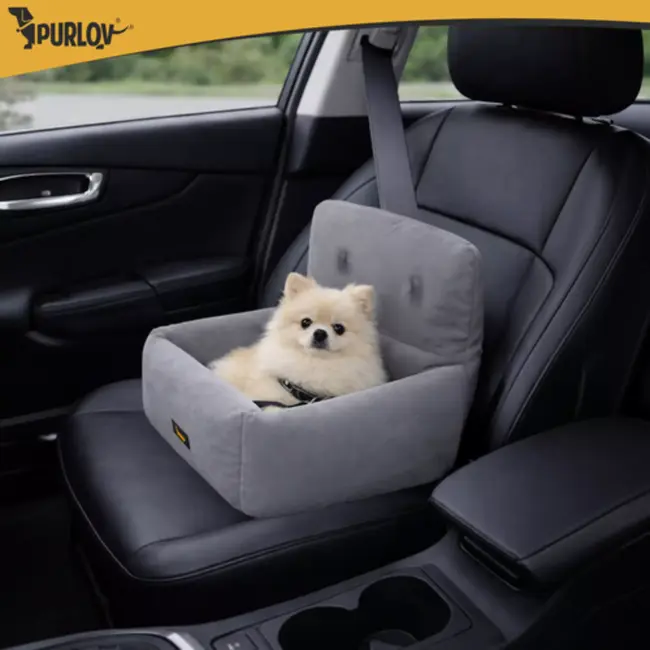 Purlov Autostoel hond 44 x 35 x 30 cm grijs met riem en kussen voor veilig vervoer kleine dieren