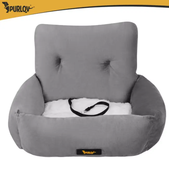 Purlov Autostoel hond 44 x 35 x 30 cm grijs met riem en kussen voor veilig vervoer kleine dieren