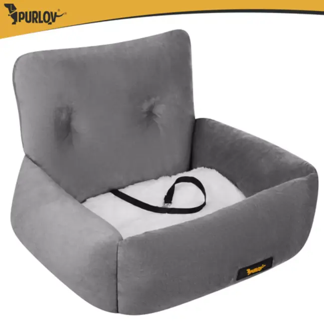 Purlov Autostoel hond 44 x 35 x 30 cm grijs met riem en kussen voor veilig vervoer kleine dieren