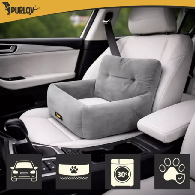 Purlov Autostoel hond 44 x 35 x 30 cm grijs met riem en kussen voor veilig vervoer kleine dieren