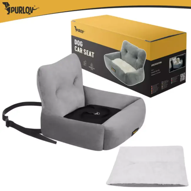 Purlov Autostoel hond 44 x 35 x 30 cm grijs met riem en kussen voor veilig vervoer kleine dieren