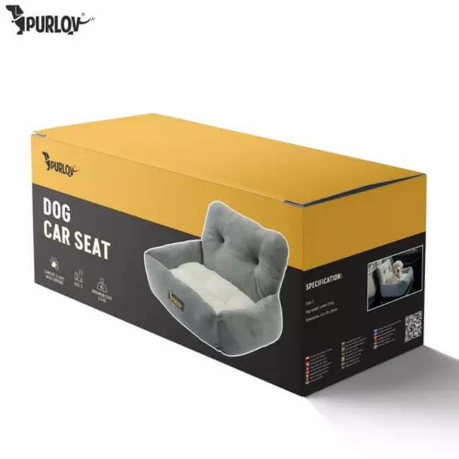 Purlov Autostoel hond 44 x 35 x 30 cm grijs met riem en kussen voor veilig vervoer kleine dieren