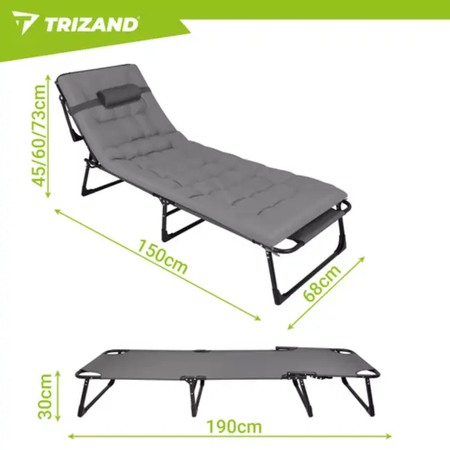 Trizand Opvouwbare ligstoel met kussen 192 x 68 x 28 cm grijs met 4 standen en draagvermogen 120 kg
