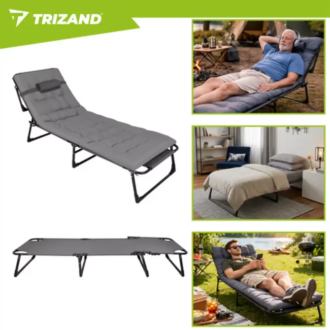 Trizand Opvouwbare ligstoel met kussen 192 x 68 x 28 cm grijs met 4 standen en draagvermogen 120 kg