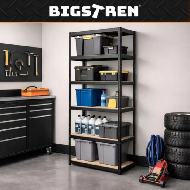 Bigstren Grote stellingkast zwart 220 x 100 x 45 cm met 5 verstelbare planken voor garage en magazijn