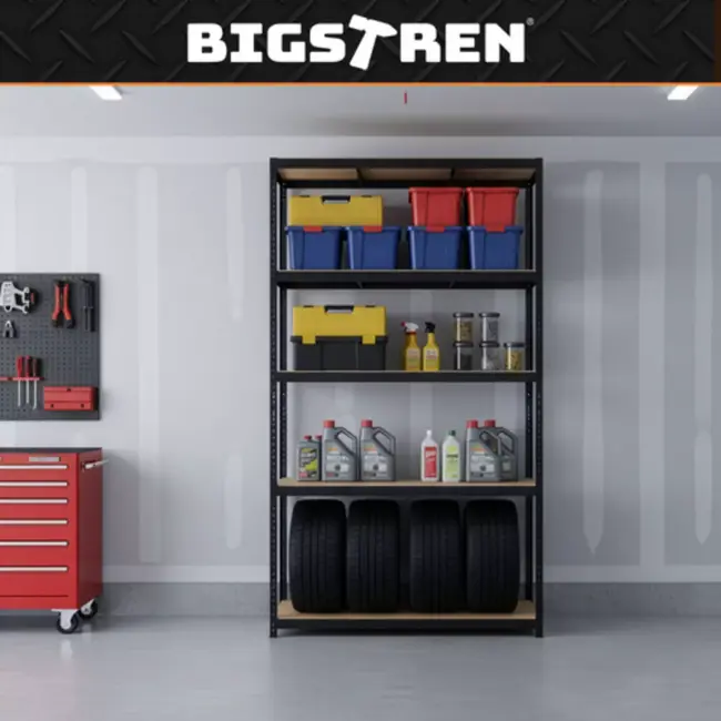 Bigstren Grote stellingkast zwart 220 x 100 x 45 cm met 5 verstelbare planken voor garage en magazijn