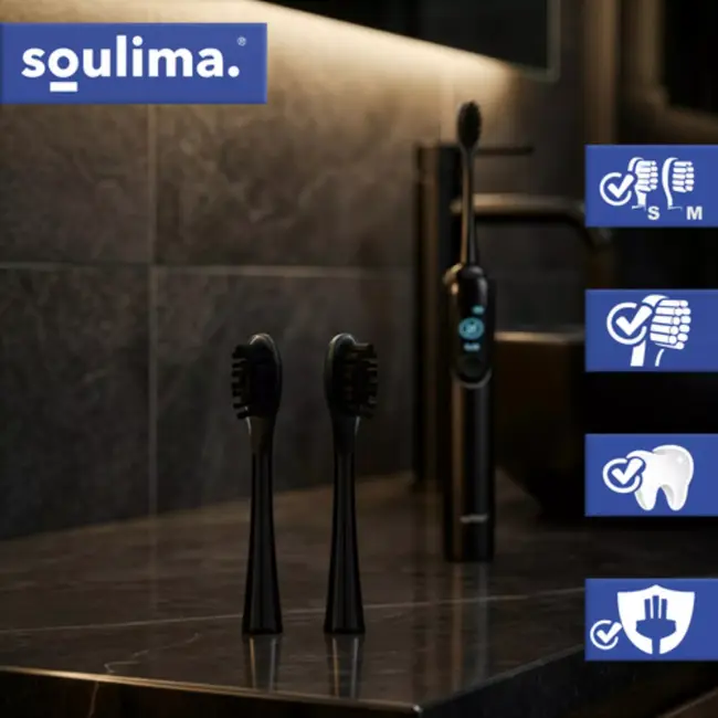 Soulima Vervangende opzetborstels zwart 2 stuks voor sonische tandenborstel Soulima X800 soft en medium