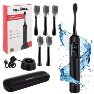 Soulima Sonische tandenborstel zwart met 6 opzetborstels en inductielader voor dagelijkse mondverzorging