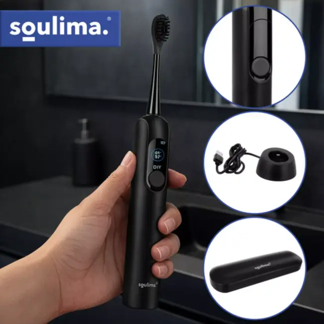 Soulima Sonische tandenborstel zwart met 6 opzetborstels en inductielader voor dagelijkse mondverzorging