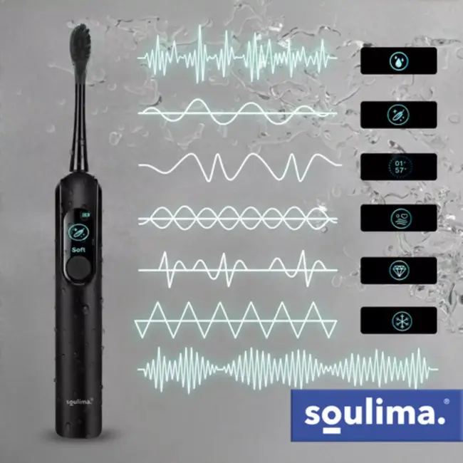 Soulima Sonische tandenborstel zwart met 6 opzetborstels en inductielader voor dagelijkse mondverzorging