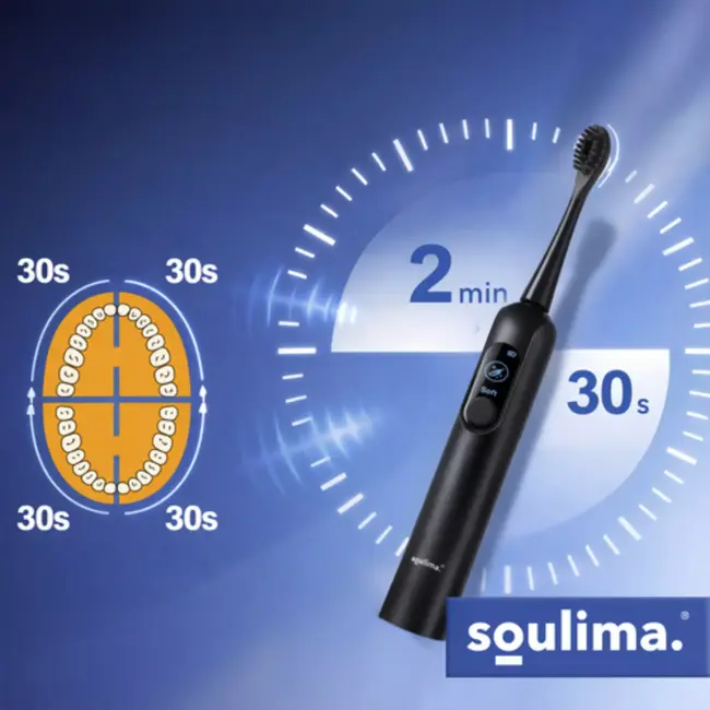 Soulima Sonische tandenborstel zwart met 6 opzetborstels en inductielader voor dagelijkse mondverzorging