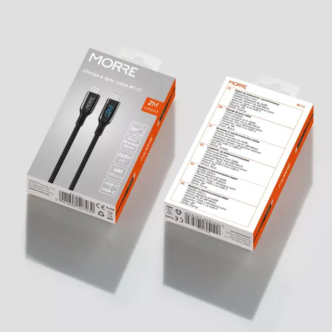 MORRE Zwarte USB-C kabel 2 m met display voor opladen en synchroniseren tot 240 W en 480 Mbit/s