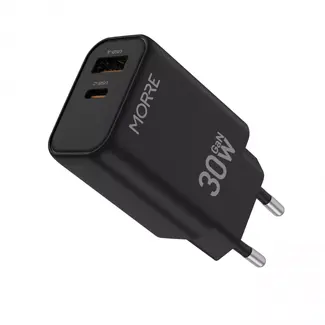 MORRE Compacte zwarte GaN oplader 30 W met USB-C en USB-A voor snel laden