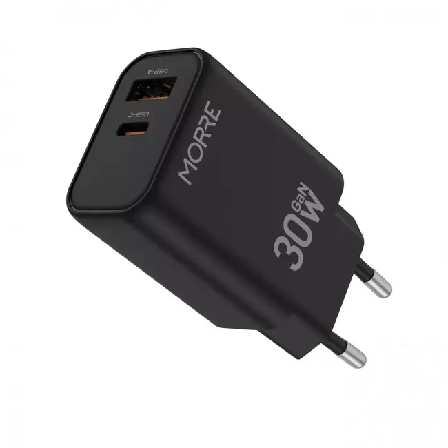 MORRE Compacte zwarte GaN oplader 30 W met USB-C en USB-A voor snel laden