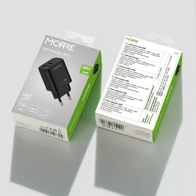 MORRE Compacte zwarte GaN oplader 30 W met USB-C en USB-A voor snel laden