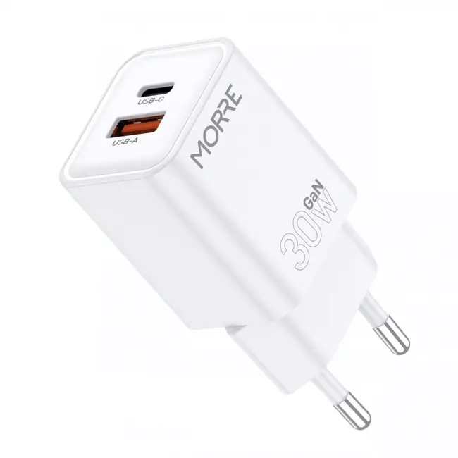 MORRE Compacte witte GaN oplader 30 W met USB-C en USB-A voor snel laden