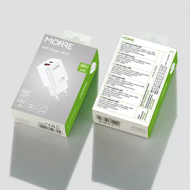 MORRE Compacte witte GaN oplader 30 W met USB-C en USB-A voor snel laden