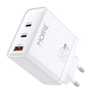 MORRE Compacte witte GaN oplader 65 W met 2× USB-C en USB-A poorten