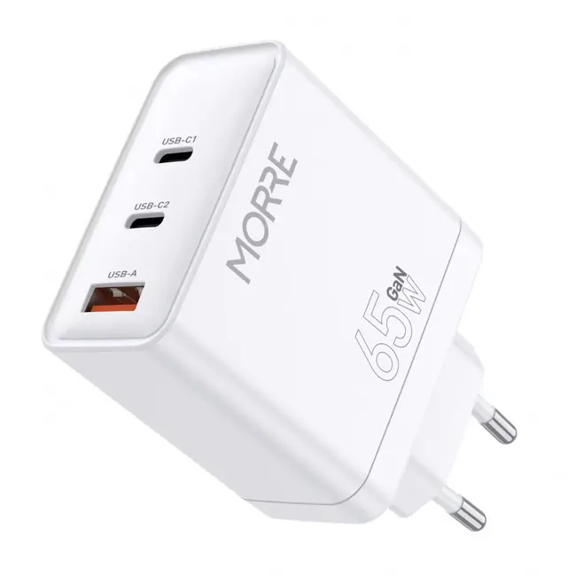 MORRE Compacte witte GaN oplader 65 W met 2× USB-C en USB-A poorten