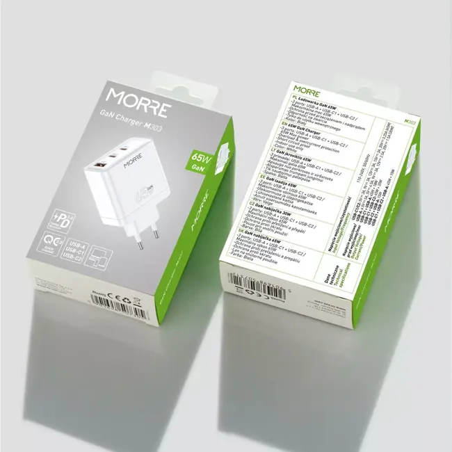 MORRE Compacte witte GaN oplader 65 W met 2× USB-C en USB-A poorten