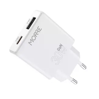 MORRE Compacte witte GaN oplader 30 W met USB-C en USB-A poorten