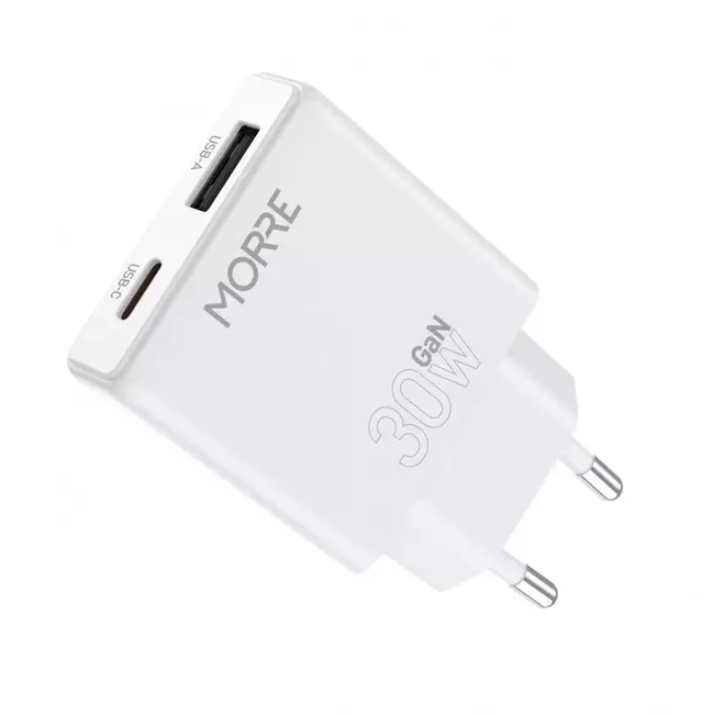MORRE Compacte witte GaN oplader 30 W met USB-C en USB-A poorten